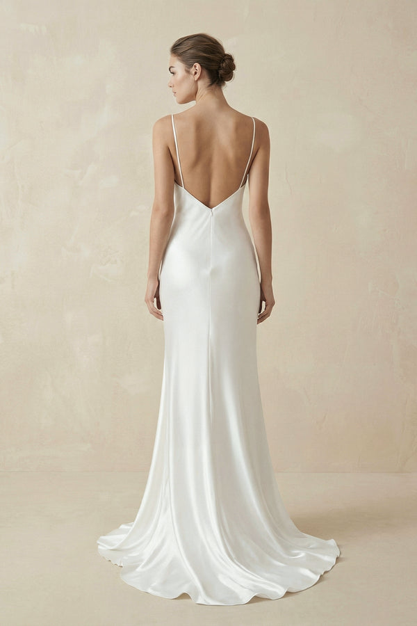 Sheath Spaghetti Straps V - Neck Wedding Dress in White - KissProm Wedding Dresses