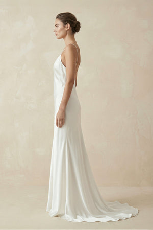 Sheath Spaghetti Straps V - Neck Wedding Dress in White - KissProm Wedding Dresses