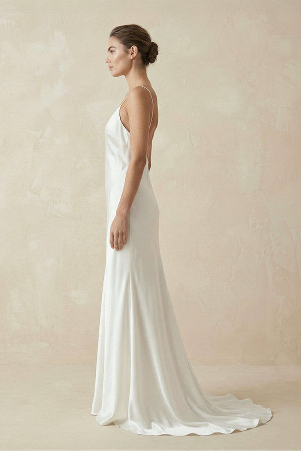 Sheath Spaghetti Straps V - Neck Wedding Dress in White - KissProm Wedding Dresses
