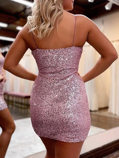Sheath Spaghetti Straps Sequin Sexy Backless Homecoming Dress - KissProm