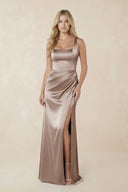 Sheath Square Neck Ruched Satin Bridesmaid Dress in Almond - KissProm Bridesmaid Dresses