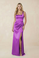 Sheath Square Neck Ruched Satin Bridesmaid Dress in Amethyst - KissProm Bridesmaid Dresses