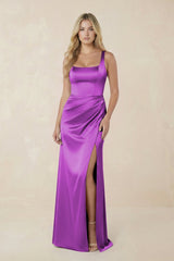 Sheath Square Neck Ruched Satin Bridesmaid Dress in Amethyst - KissProm Bridesmaid Dresses