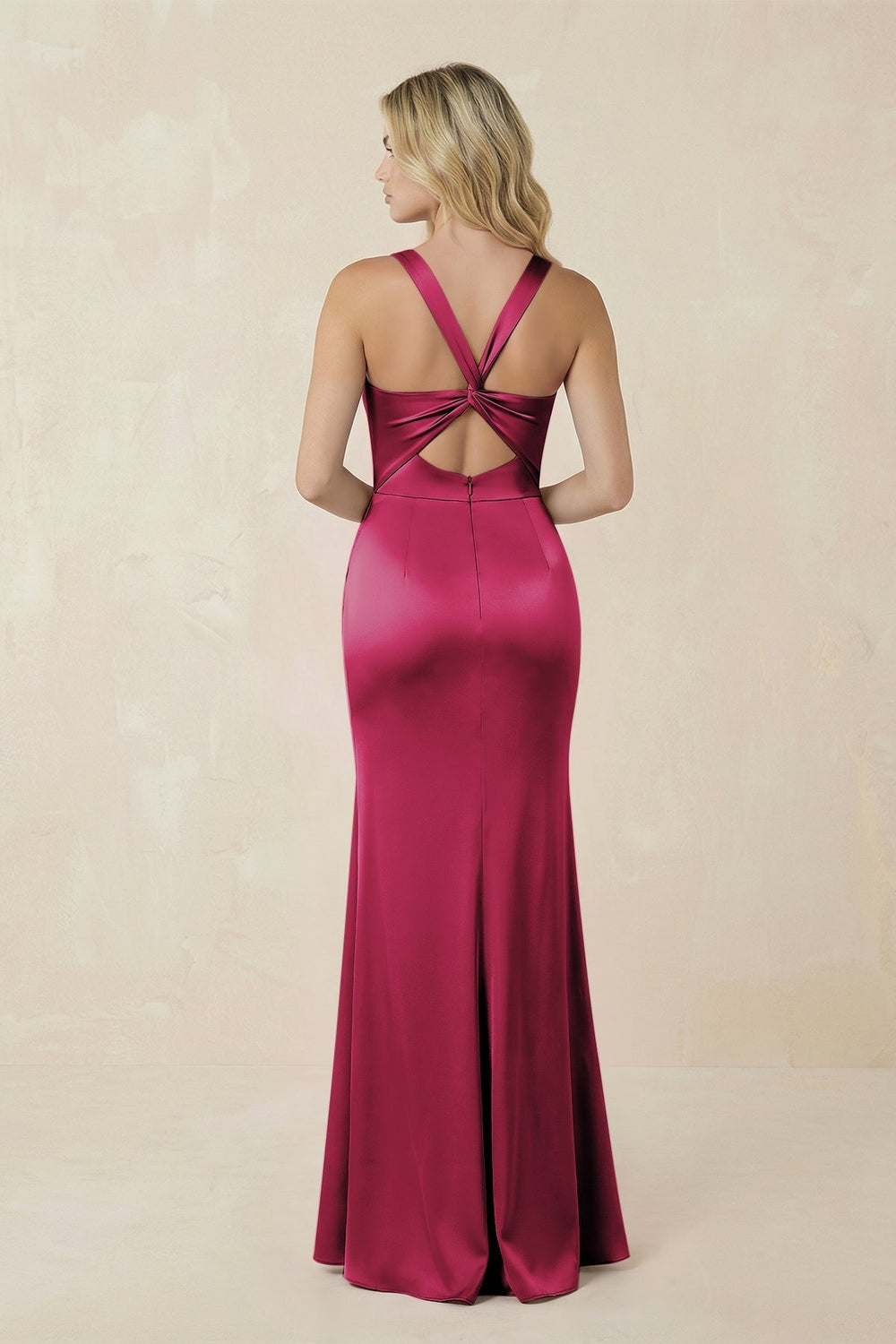 Sheath Square Neck Ruched Satin Bridesmaid Dress in Berry - KissProm Bridesmaid Dresses