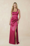 Sheath Square Neck Ruched Satin Bridesmaid Dress in Berry - KissProm Bridesmaid Dresses