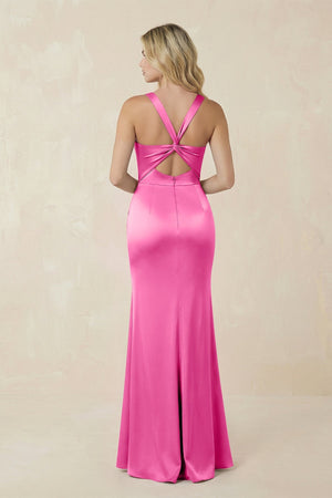 Sheath Square Neck Ruched Satin Bridesmaid Dress in Bon Bon Pink - KissProm Bridesmaid Dresses