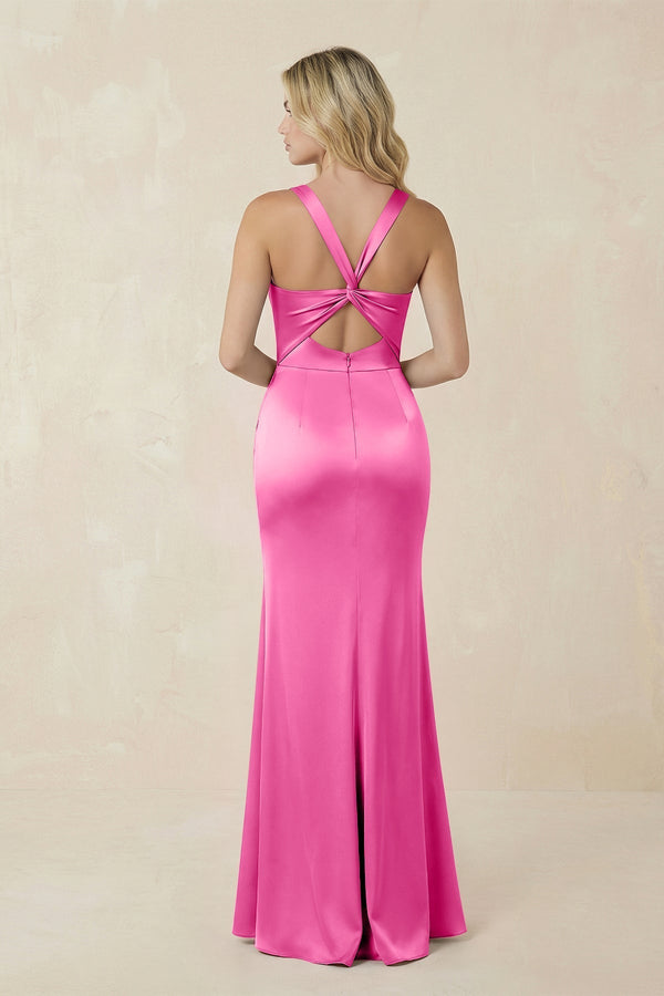 Sheath Square Neck Ruched Satin Bridesmaid Dress in Bon Bon Pink - KissProm Bridesmaid Dresses