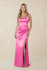 Sheath Square Neck Ruched Satin Bridesmaid Dress in Bon Bon Pink - KissProm Bridesmaid Dresses