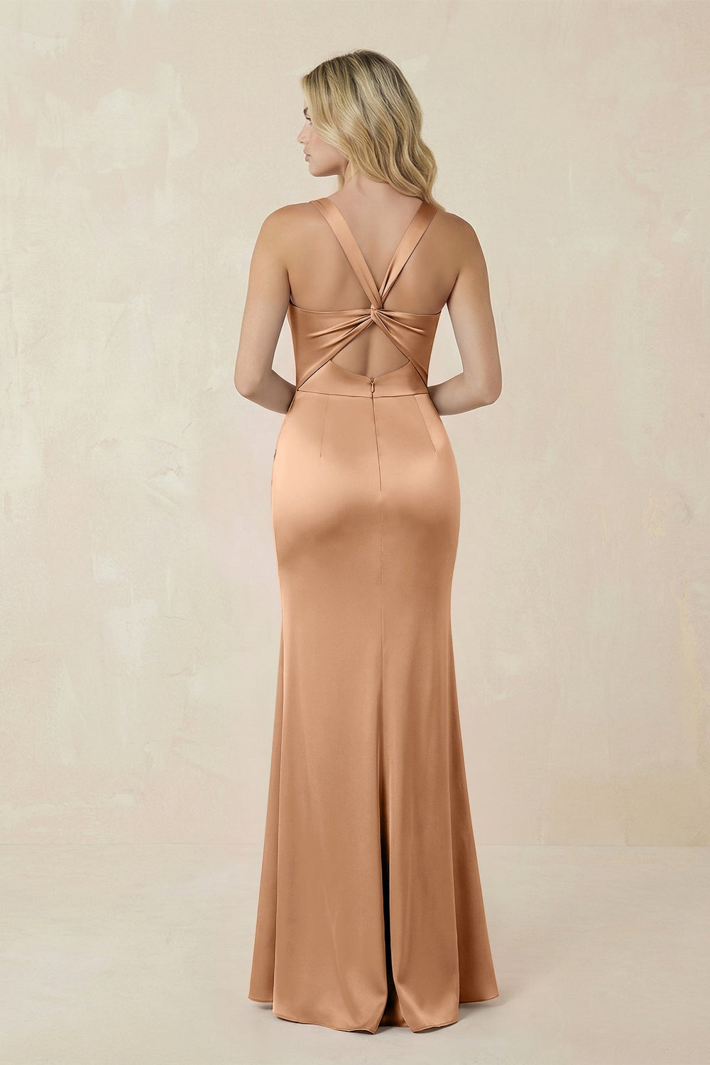 Sheath Square Neck Ruched Satin Bridesmaid Dress in Bronzer - KissProm Bridesmaid Dresses