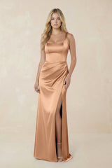 Sheath Square Neck Ruched Satin Bridesmaid Dress in Bronzer - KissProm Bridesmaid Dresses