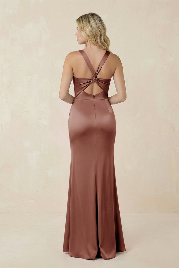 Sheath Square Neck Ruched Satin Bridesmaid Dress in Brown - KissProm Bridesmaid Dresses