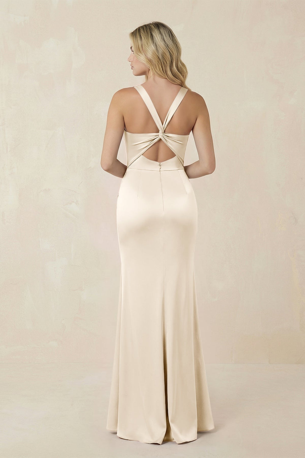 Sheath Square Neck Ruched Satin Bridesmaid Dress in Buttercream - KissProm Bridesmaid Dresses