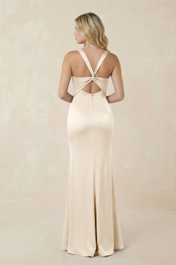 Sheath Square Neck Ruched Satin Bridesmaid Dress in Buttercream - KissProm Bridesmaid Dresses