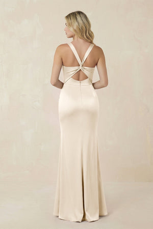 Sheath Square Neck Ruched Satin Bridesmaid Dress in Buttercream - KissProm Bridesmaid Dresses