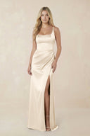 Sheath Square Neck Ruched Satin Bridesmaid Dress in Buttercream - KissProm Bridesmaid Dresses