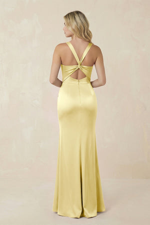 Sheath Square Neck Ruched Satin Bridesmaid Dress in Buttercup - KissProm Bridesmaid Dresses
