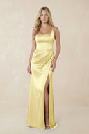 Sheath Square Neck Ruched Satin Bridesmaid Dress in Buttercup - KissProm Bridesmaid Dresses