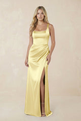 Sheath Square Neck Ruched Satin Bridesmaid Dress in Buttercup - KissProm Bridesmaid Dresses