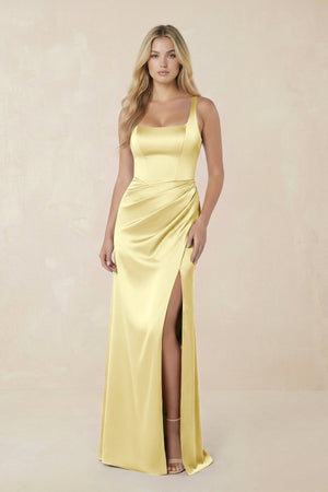 Sheath Square Neck Ruched Satin Bridesmaid Dress in Buttercup - KissProm Bridesmaid Dresses