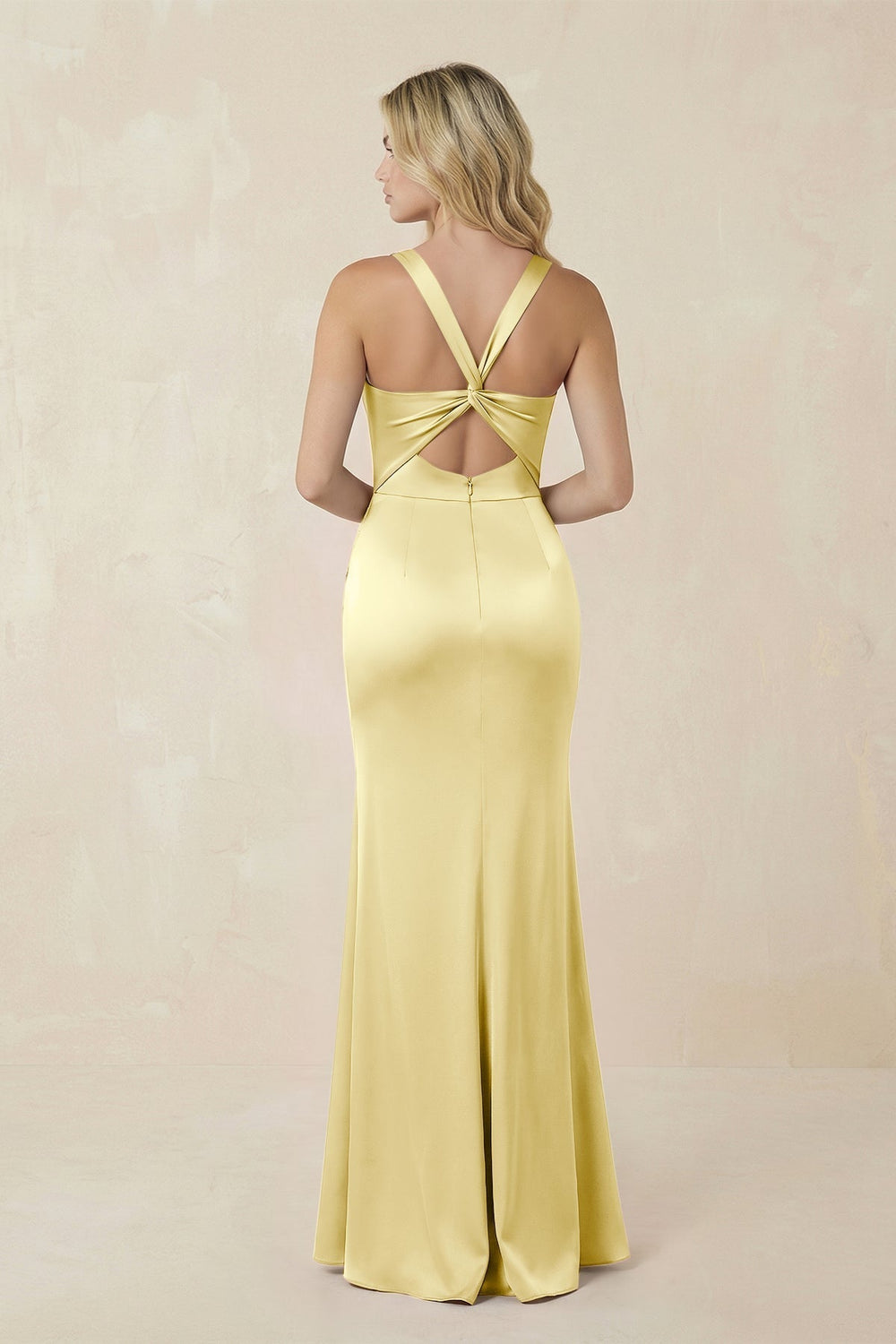 Sheath Square Neck Ruched Satin Bridesmaid Dress in Buttercup - KissProm Bridesmaid Dresses