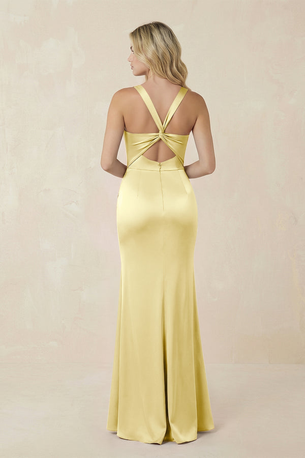 Sheath Square Neck Ruched Satin Bridesmaid Dress in Buttercup - KissProm Bridesmaid Dresses