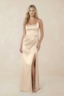 Sheath Square Neck Ruched Satin Bridesmaid Dress in Champagne - KissProm Bridesmaid Dresses