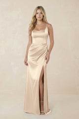 Sheath Square Neck Ruched Satin Bridesmaid Dress in Champagne - KissProm Bridesmaid Dresses