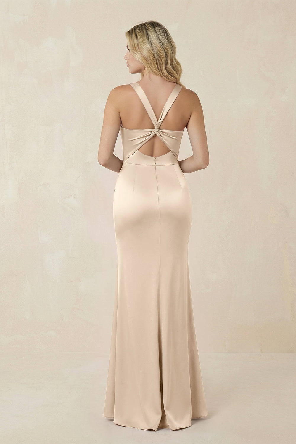 Sheath Square Neck Ruched Satin Bridesmaid Dress in Champagne - KissProm Bridesmaid Dresses