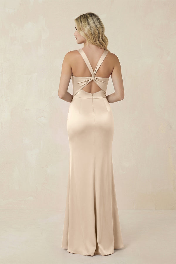 Sheath Square Neck Ruched Satin Bridesmaid Dress in Champagne - KissProm Bridesmaid Dresses