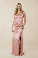 Sheath Square Neck Ruched Satin Bridesmaid Dress in Champagne Rose - KissProm Bridesmaid Dresses
