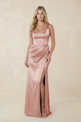 Sheath Square Neck Ruched Satin Bridesmaid Dress in Champagne Rose - KissProm Bridesmaid Dresses