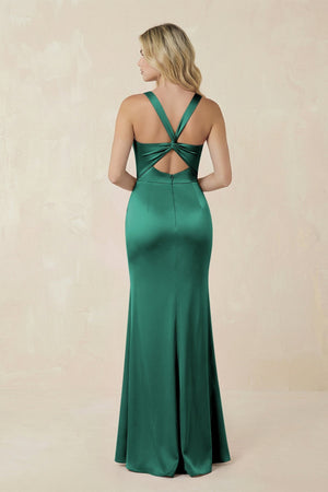 Sheath Square Neck Ruched Satin Bridesmaid Dress in Dark Green - KissProm Bridesmaid Dresses
