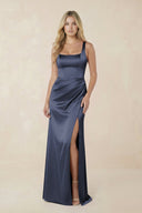 Sheath Square Neck Ruched Satin Bridesmaid Dress in Dark Navy - KissProm Bridesmaid Dresses