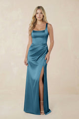 Sheath Square Neck Ruched Satin Bridesmaid Dress in Dark Teal - KissProm Bridesmaid Dresses