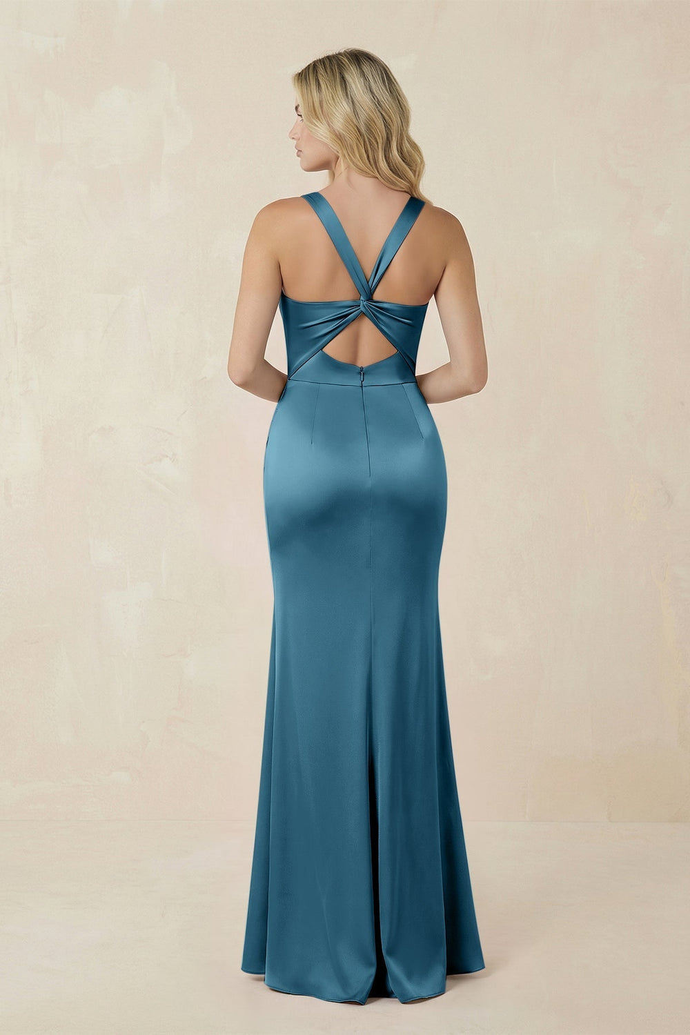 Sheath Square Neck Ruched Satin Bridesmaid Dress in Dark Teal - KissProm Bridesmaid Dresses