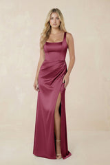 Sheath Square Neck Ruched Satin Bridesmaid Dress in Desert Rose - KissProm Bridesmaid Dresses