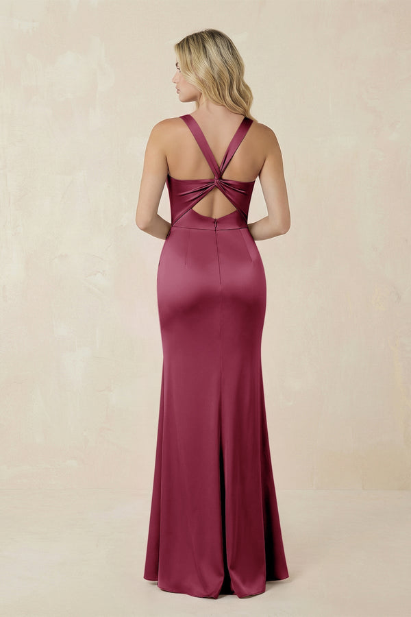 Sheath Square Neck Ruched Satin Bridesmaid Dress in Desert Rose - KissProm Bridesmaid Dresses