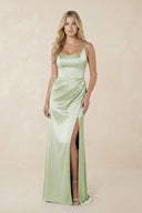 Sheath Square Neck Ruched Satin Bridesmaid Dress in Dusty Sage - KissProm Bridesmaid Dresses