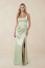 Sheath Square Neck Ruched Satin Bridesmaid Dress in Dusty Sage - KissProm Bridesmaid Dresses