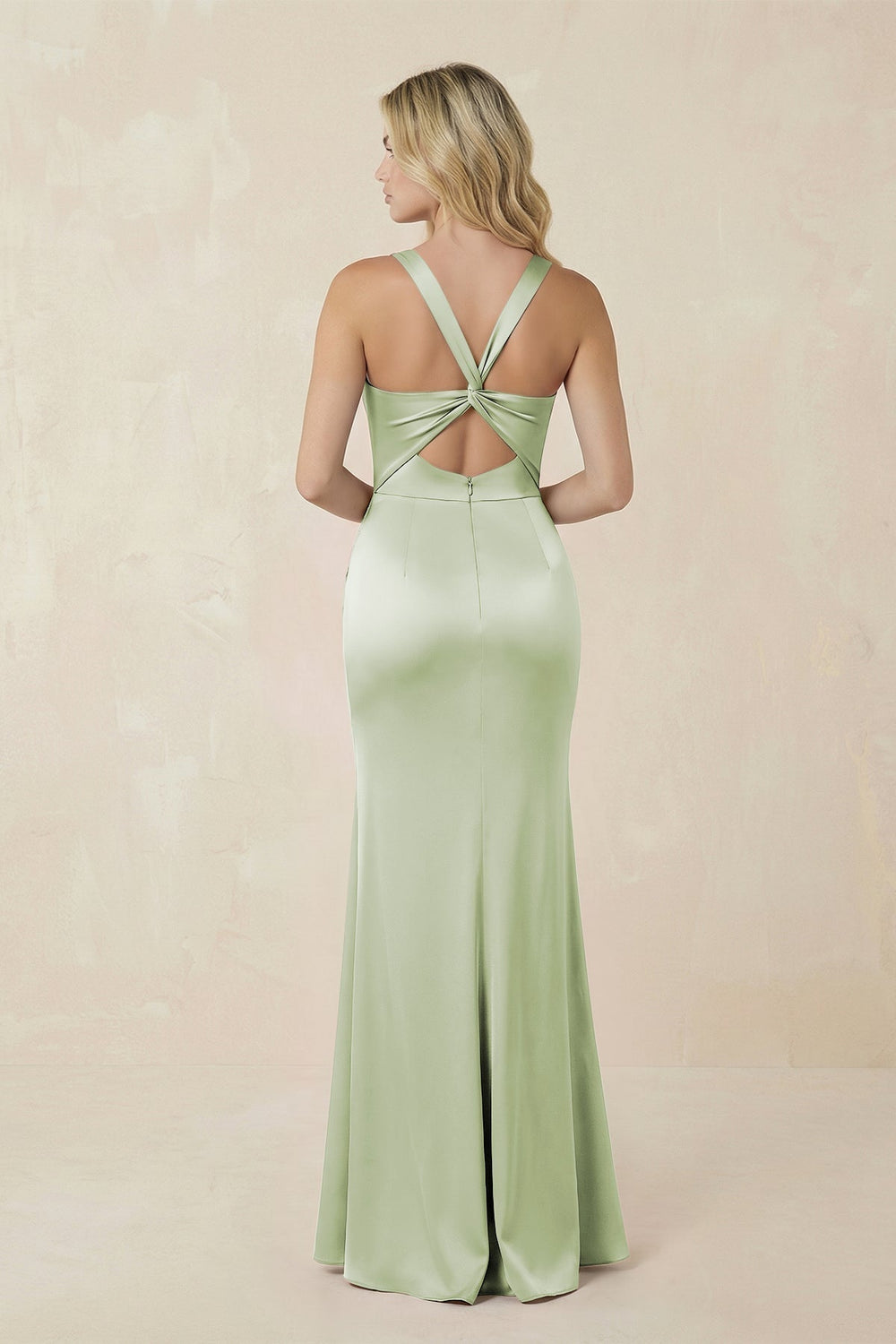 Sheath Square Neck Ruched Satin Bridesmaid Dress in Dusty Sage - KissProm Bridesmaid Dresses