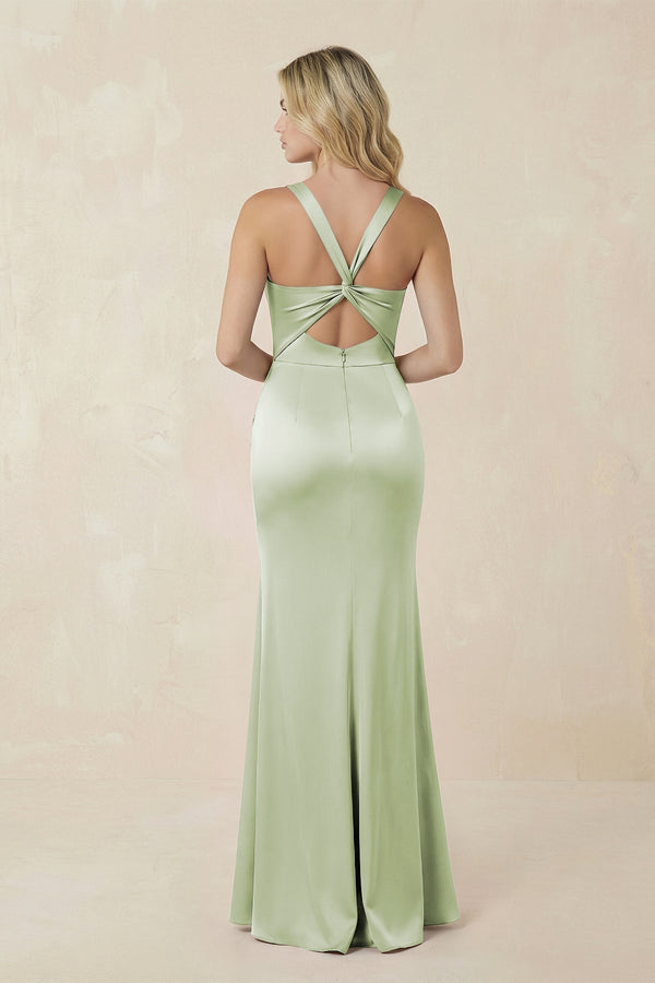 Sheath Square Neck Ruched Satin Bridesmaid Dress in Dusty Sage - KissProm Bridesmaid Dresses