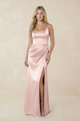 Sheath Square Neck Ruched Satin Bridesmaid Dress in English Rose - KissProm Bridesmaid Dresses
