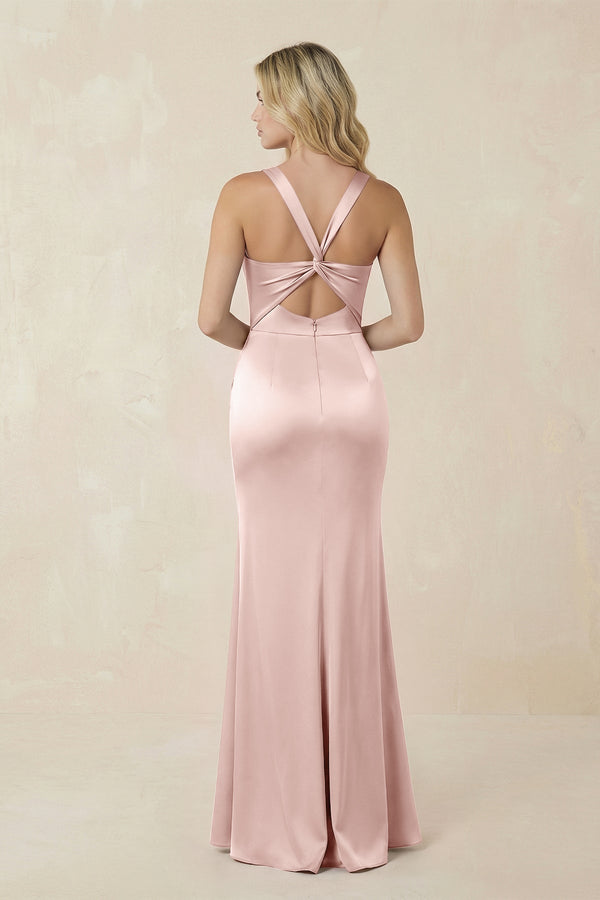 Sheath Square Neck Ruched Satin Bridesmaid Dress in English Rose - KissProm Bridesmaid Dresses