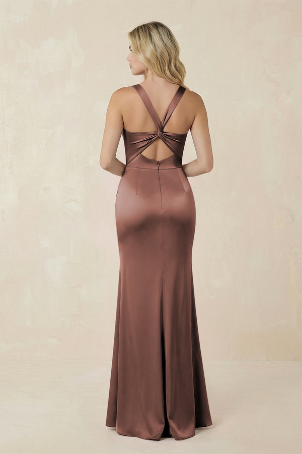 Sheath Square Neck Ruched Satin Bridesmaid Dress in Espresso - KissProm Bridesmaid Dresses