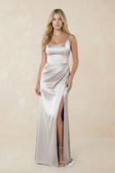 Sheath Square Neck Ruched Satin Bridesmaid Dress in Frost - KissProm Bridesmaid Dresses