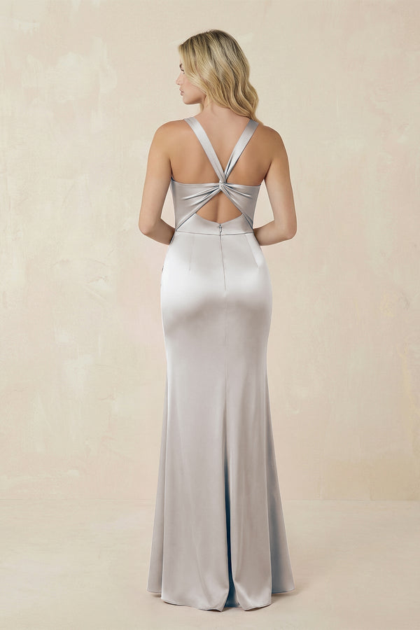Sheath Square Neck Ruched Satin Bridesmaid Dress in Frost - KissProm Bridesmaid Dresses