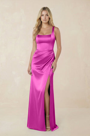 Sheath Square Neck Ruched Satin Bridesmaid Dress in Fuchsia - KissProm Bridesmaid Dresses