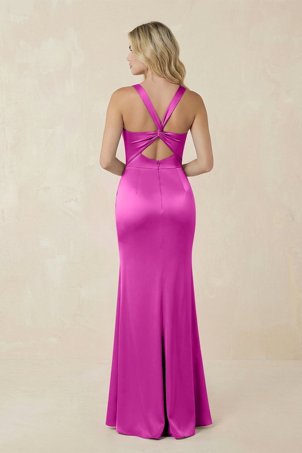 Sheath Square Neck Ruched Satin Bridesmaid Dress in Fuchsia - KissProm Bridesmaid Dresses