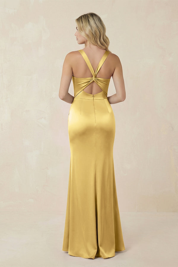 Sheath Square Neck Ruched Satin Bridesmaid Dress in Gold - KissProm Bridesmaid Dresses