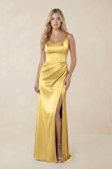 Sheath Square Neck Ruched Satin Bridesmaid Dress in Gold - KissProm Bridesmaid Dresses